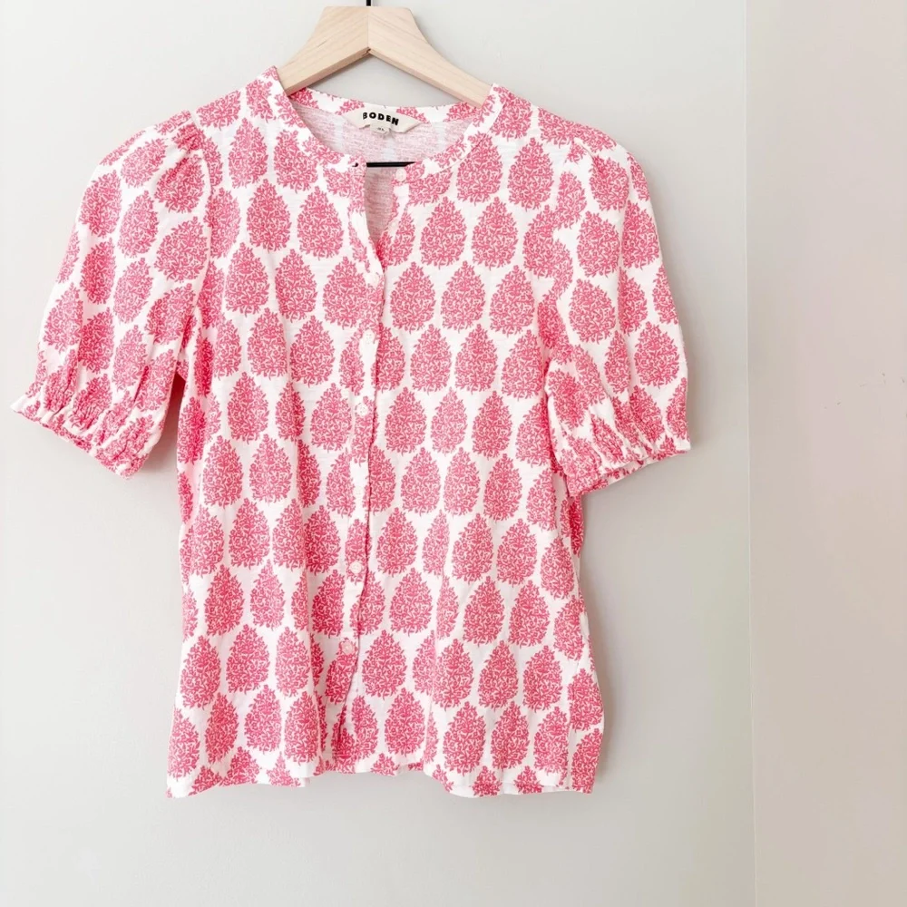 BODEN Dolly puff sleeve Pink Paisley Women's Top sz. 4 - Picture 3 of 7